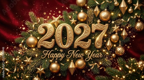 A dazzling and festive happy new year 2027 celebration with golden ornaments and a vibrant backdrop