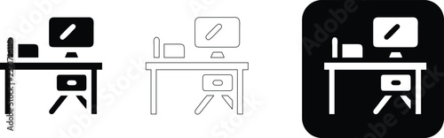 Three variations of a computer desk with a pen in solid black, linear outline, and white on black square background style