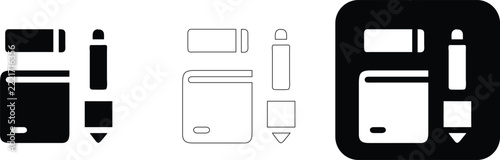 Three variations of a stationery set featuring a notebook and a pen in solid black, thin outline, and white on black square background