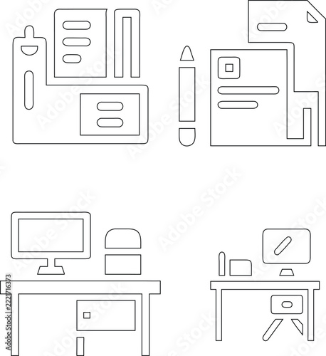 Four linear representing office workspace including a desk with computer, stationery, documents, and writing instruments