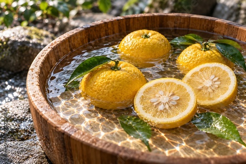 Fresh yuzu citrus fruits floating in wooden bath with water ripples