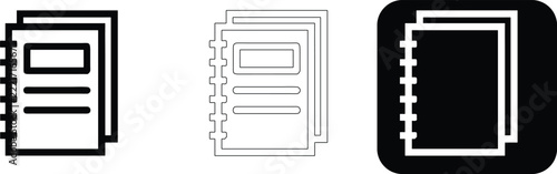 Spiral bound notebook collection presented in three different visual styles including solid black, thin line outline, and white on black