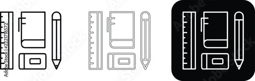 Stationery set containing a ruler, a small notebook, and a pencil, shown in three distinct styles including solid and line