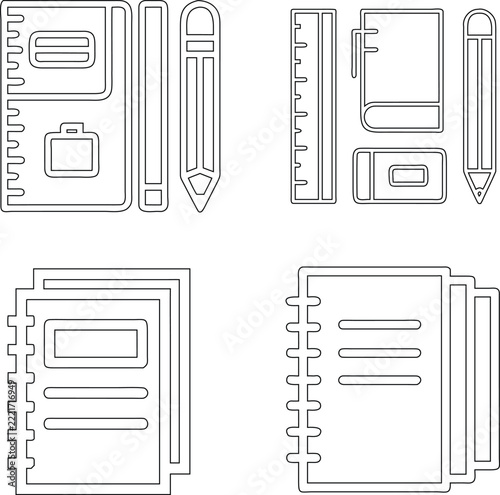 Collection of four outline stationery featuring notebooks, rulers, and pencils, presented as a set of thin line on white background