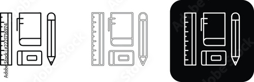 Stationery set featuring a ruler, a notebook, and a pencil, displayed in three styles including solid black, thin line, and white on black