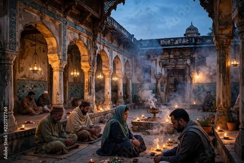 Sufi shrine courtyard with lamps and incense at dusk
