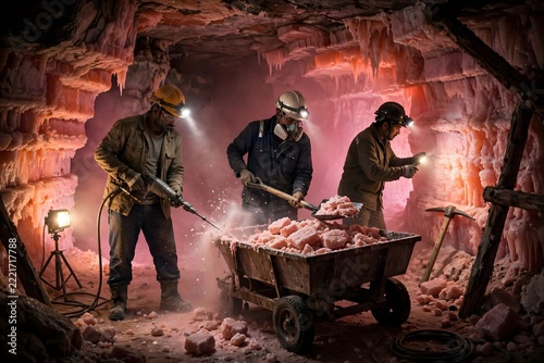 Salt miners in glowing pink chambers of Khewra mine