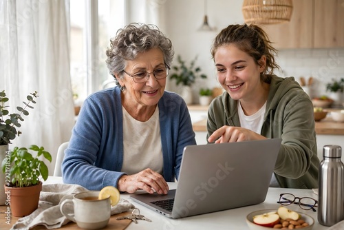Senior woman learning laptop with young tutor at home