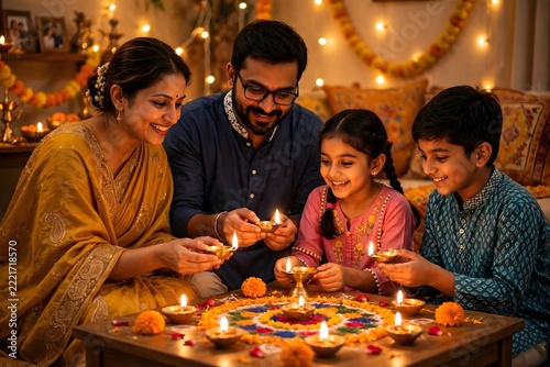 Indian family lighting diyas together at Diwali celebration