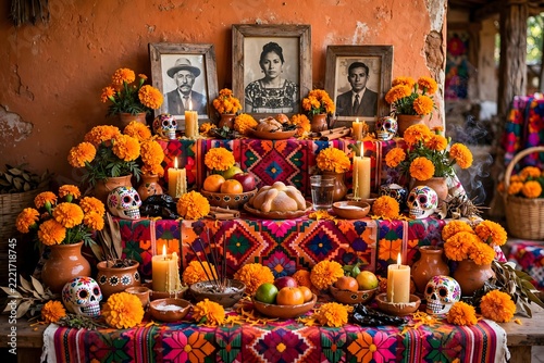 Traditional Dia de Muertos ofrenda altar with marigolds