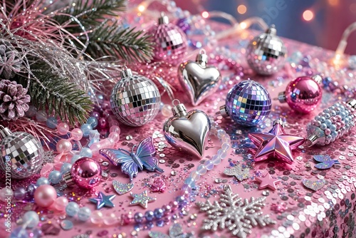 Disco-style Christmas party table with mirror balls
