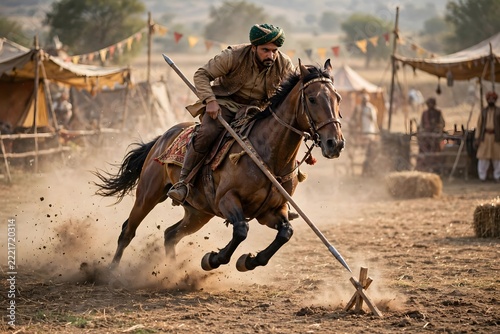 Tent pegging horseman galloping with lance in dust