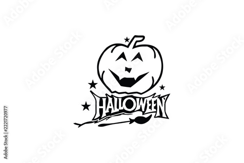 A black silhouette of a jack o lantern with stars and lettering celebrates the halloween season