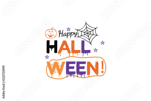 A halloween typographic design features dripping letters a jack o lantern and a spiderweb on a white background