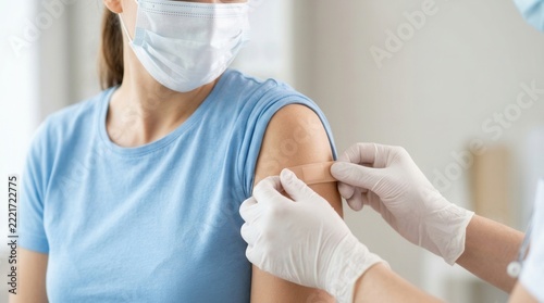 Nurse administering a coronavirus vaccine immunization dose to a woman wearing a medical face mask at a hospital medical center.