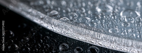 Close-Up of Transparent Glass Panel with Tiny Water Droplets Capturing Light and Texture on Dark Background