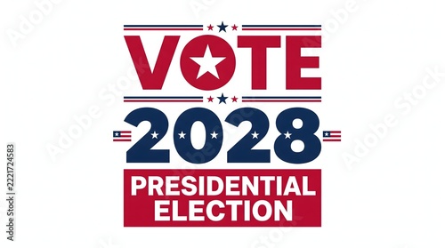Presidential election graphic for 2028 features bold typography with vote and star elements for civic engagement.