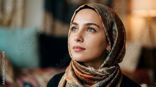 Portrait of a Thoughtful Woman Wearing a Patterned Hijab