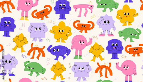 Geometric figures pattern. Seamless print of basic shapes with funny faces, hands, legs, groovy characters with different emotions, cartoon mascots for packaging, stickers. Vector texture