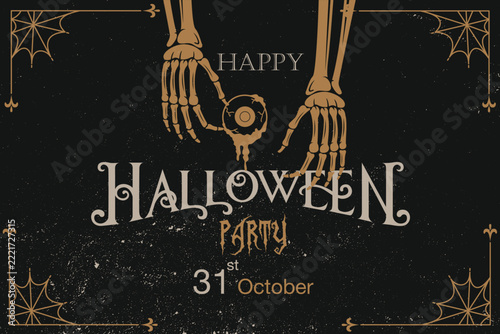 A vintage Halloween party invitation features skeletal hands holding a glowing crystal ball, bone fingers, and a skull
