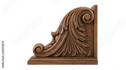 Carved wooden corbel with leaf pattern with carvings isolated transparent on transparent background