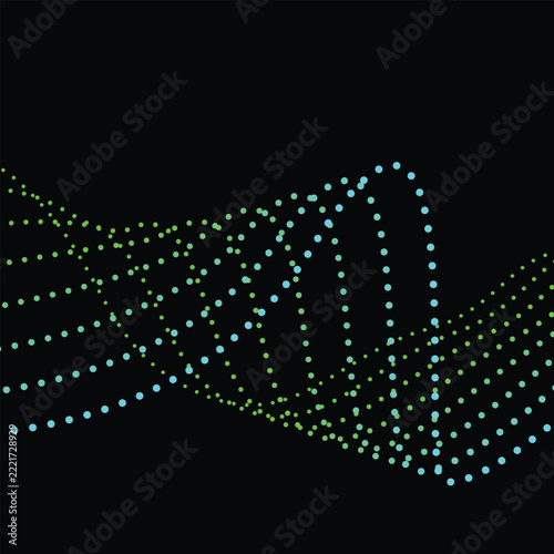 Abstract digital wave background with glowing neon green and cyan dotted lines on dark background
