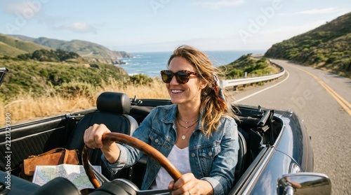 Woman Driving a Red Convertible Car Along a Scenic Ocean Highway on a Sunny Day