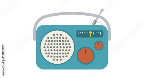 Portable transistor radio with antenna and tuning dial is illustrated in a flat style