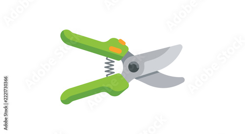 Pruning shears with green handles and silver blades are displayed on a white background
