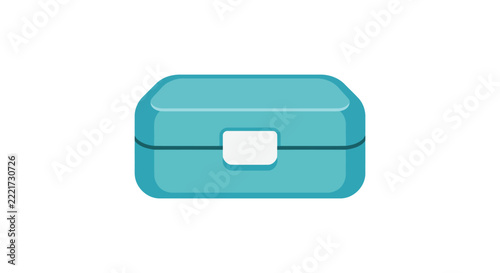 A teal lunchbox with a white clasp rests against a white background