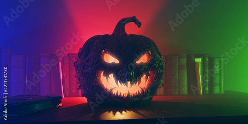 Scary Halloween carved pumpkin with glowing evil face and demonic sharp teeth in dark moody room with candle and ancient spell books, detailed 3D render illustration.