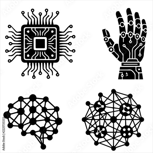 Set of black artificial intelligence symbols with robotic hand and computer