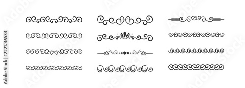 Decorative floral ornament collection features swirling lines and delicate embellishments on a white background swirl scroll
