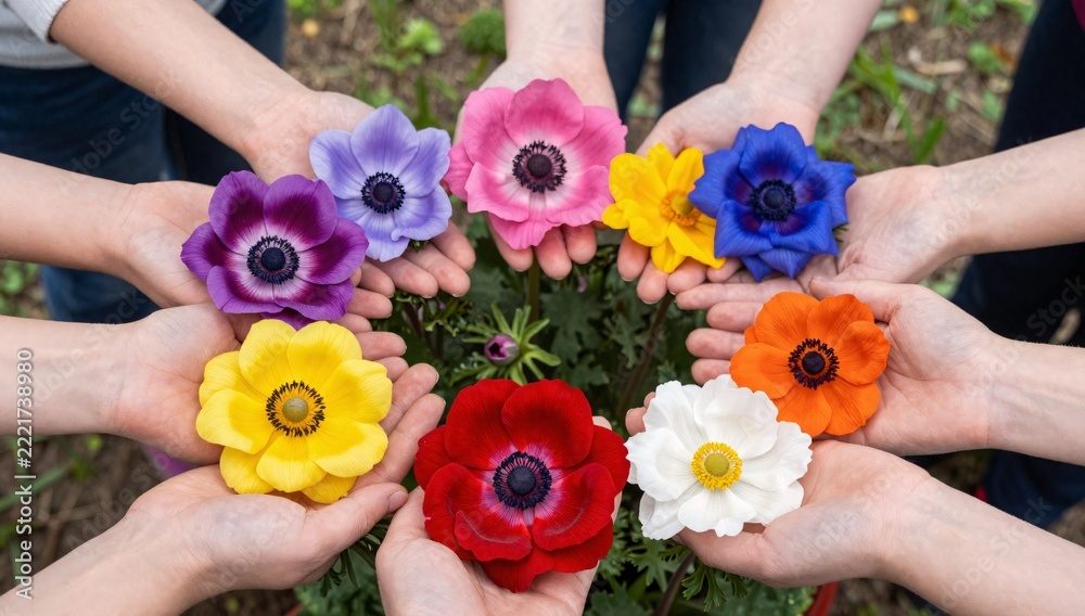 Fototapeta premium Diverse hands hold colorful anemone flowers in a circle