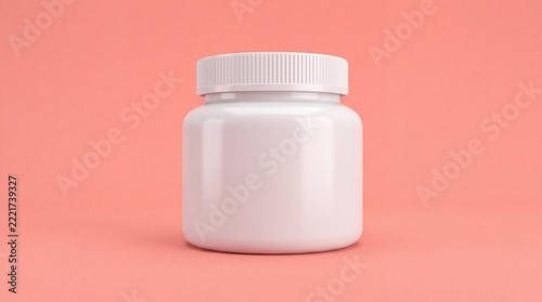 Blank White Wide Plastic Supplement Jar with Ribbed Screw Lid on Coral Pink Background.