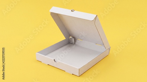 Open Empty White Cardboard Pizza Box with Raised Lid on Bright Yellow Background for Food Packaging Mockup.