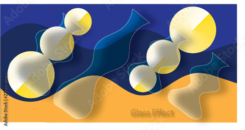 Abstract glass effect background with translucent geometric circles and flowing navy blue orange waves in elegant modern 3d design.
