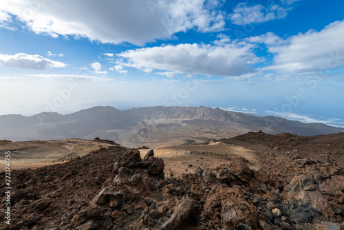 Breathtaking view of Pico Viejo volcanic crater and caldera from the summit of Mount Teide in Teide National Park, Tenerife, Canary Islands, Spain