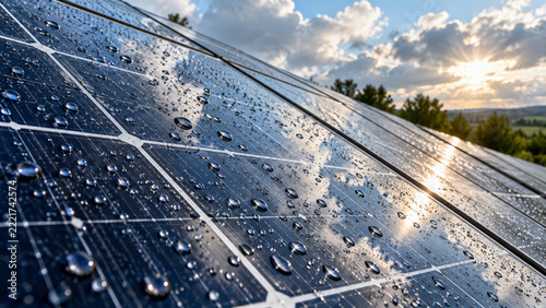 Solar panels covered with water droplets at sunset