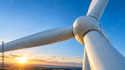Close view of a wind turbine hub and blades at sunset