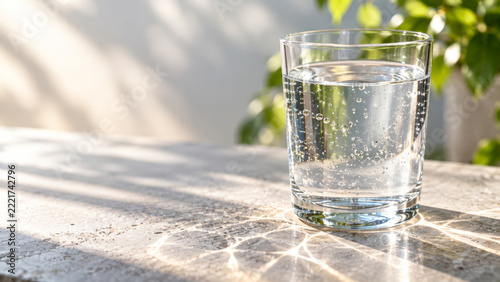 Clear glass of fresh drinking water on a sunlit stone table