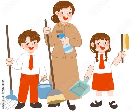Indonesian Elementary School Student cleaning class