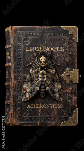 Aged Spellbook with Death's-head Hawk Moth on Cover 