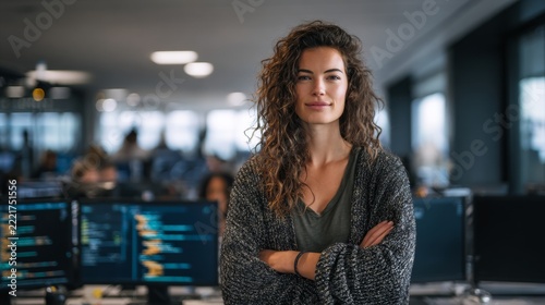 Woman stands confidently in a modern office space filled with computers and colleagues during work hours