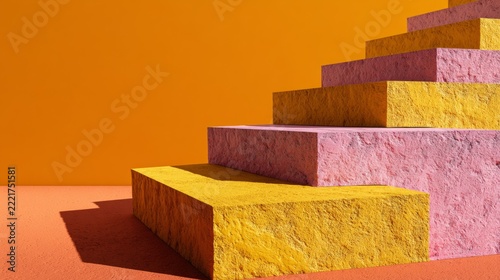 Steps made of pink and yellow materials against an orange wall in a bright setting