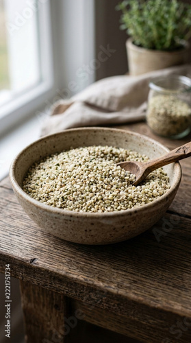 Healthy Hemp Seeds in Bowl with Wooden Spoon on Rustic Table Natural Light