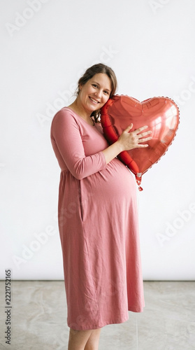 Happy Pregnant Woman Holding Red Heart Balloon Maternity Love Concept