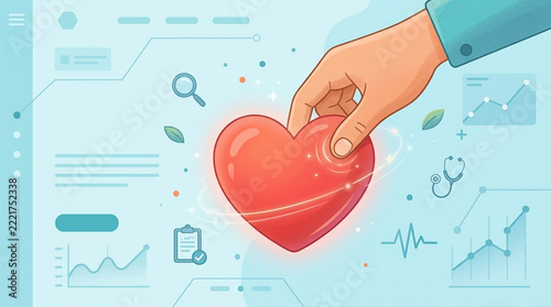 Healthcare concept hand holding glowing heart with medical icons and data analytics