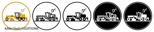 Flat motor grader icons in outlined, solid, and inverted styles