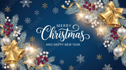 Christmas and new year greeting card template with golden bells and ornaments on blue background